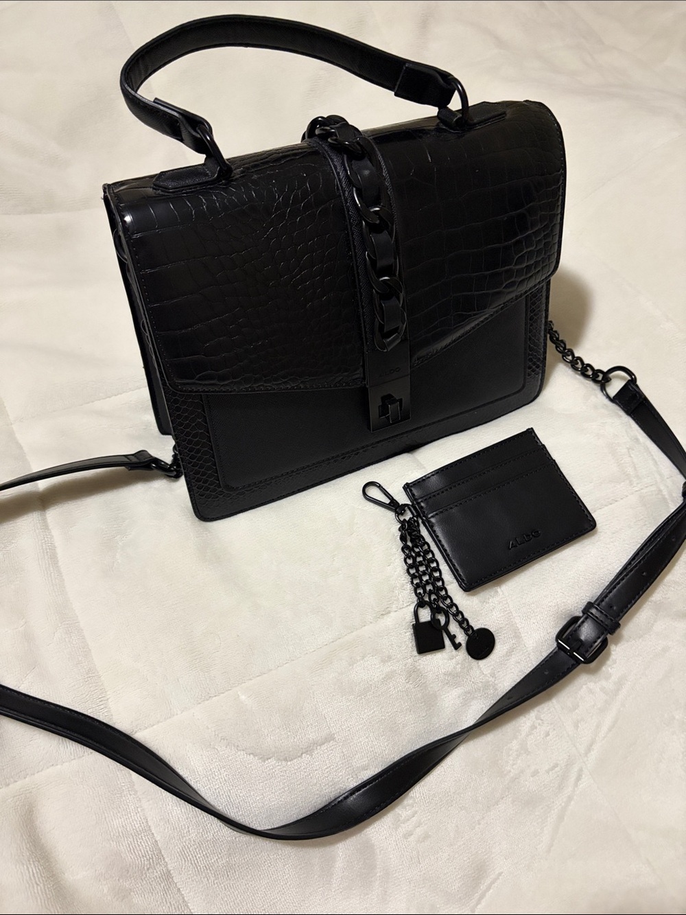 ALDO Black Croc-Embossed Top Handle Satchel with Chain Strap - Picture 3 of 11
